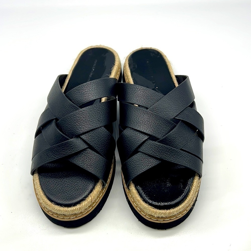 French Connection - Alexis Black Crisscross Leather Platform Slip On Sandals 8